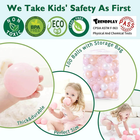 Plastic Balls for Ball Pits - Pack of 100 Hollow Balls- Safe and Exciting Playtime - Perfect for Toddler Baby Pools, Party, Festival Decoration, Pink, Gold, Pearl White, Clear with kids playing and storage bag