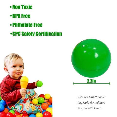 50 Balls Soft Plastic Ball Pit Balls for Kids, Gift for Baby Toddler Birthday Christmas, with toddler playing in colorful balls and green ball size detail.