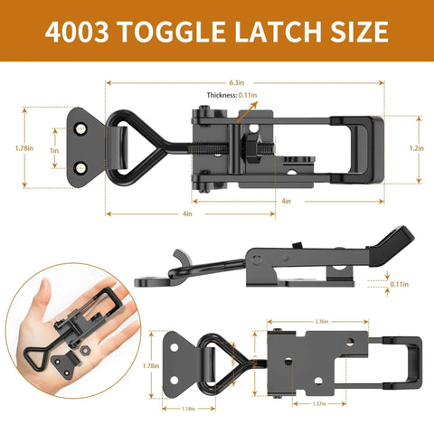 Heavy Duty Toggle Clamp Latch Set 1320 Lb Capacity 4003 Style Quick Release Hasp for Jigs Smokers Cabinets Boxes and Trunk Applications Durable Black Metal for Secure Fastening dimensions shown