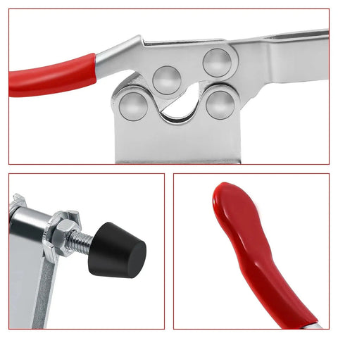 Close-up of Heavy Duty 5 Pack Hold Down Toggle Clamps With Quick Release, red handles and metal components for CNC workholding.