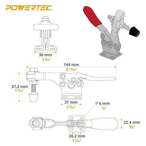 Technical diagram of Built Tough 4 Pack Quick Release Toggle Clamps with 300 lb holding capacity and antislip rubber tip by Powertec.