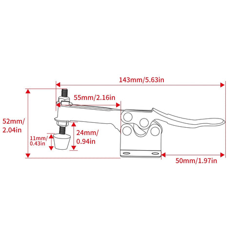Diagram of Beefed Up 10 Pack Hold Down Toggle Clamps with measurements for woodworking and CNC workholding.