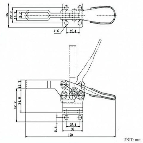 Technical drawing of Heavy Duty Four Pack Quick Release Toggle Clamp Set With Rubber Pressure Tip 198 Lb Holding Capacity For Woodworking