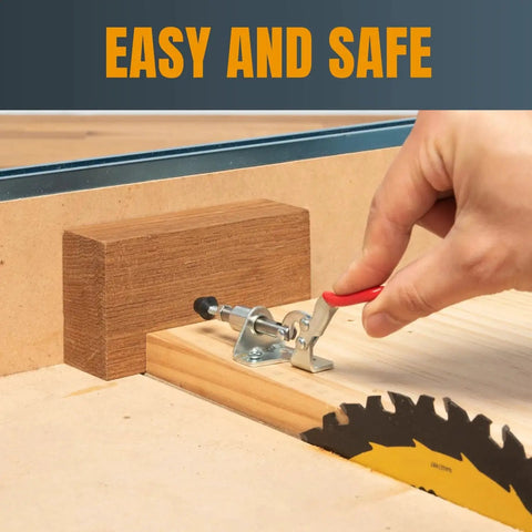 Using Six Pack Toggle Clamp Set With 100 Lb Holding Power in woodworking project for stability. Large handle visible for easy adjustments.