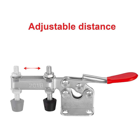 Beefy 220 Lbs Heavy Duty Toggle Clamp 201B with adjustable rubber tips, carbon steel, zinc plated, shown in side view with adjustable distance