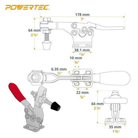 Diagram and dimensions of 4 Pack Quick Release Toggle Clamps 500 Lb Capacity Horizontal With Antislip Rubber Tips For Woodworking Jigs Fixtures