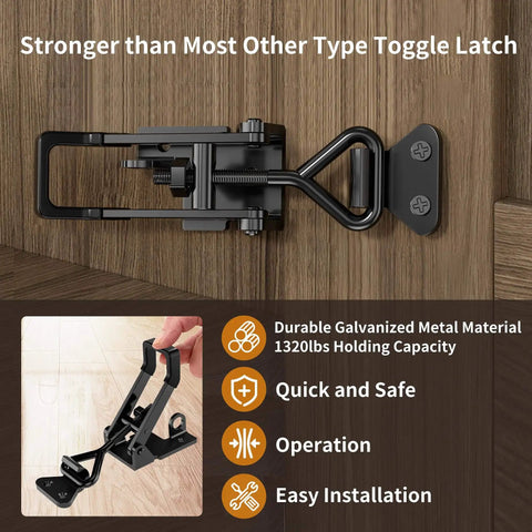 Heavy Duty Toggle Clamp Latch Set 1320 Lb Capacity 4003 Style Quick Release Hasp in black metal installed on wood surface