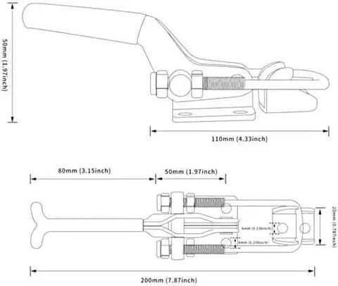 Technical drawing of heavy duty toggle clamp latch holds up to 2000 lbs, 4mm cold rolled steel, showing dimensions and components for installation.
