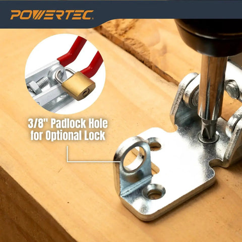 Heavy Duty Toggle Clamp Latch Set 4 Pack With 1320 Lbs Holding Capacity shown with 3/8" padlock hole for optional locking on wood.