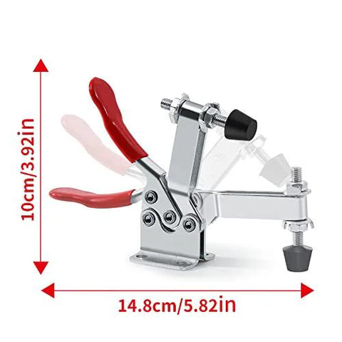 Beefed Up 10 Pack Hold Down Toggle Clamps For Woodworking And CNC Workholding, Quick Release Cam Clamp With 200 Lbs Holding Capacity, Anti Slip Red Vinyl Handle, Vertical And Horizontal Mount, SKYCY showing measurements.