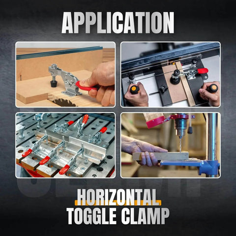 Various applications of 8 Pack 300 Lbs 201B Quick Release Horizontal Toggle Clamps With Anti Slip Rubber Tips in woodworking and welding.
