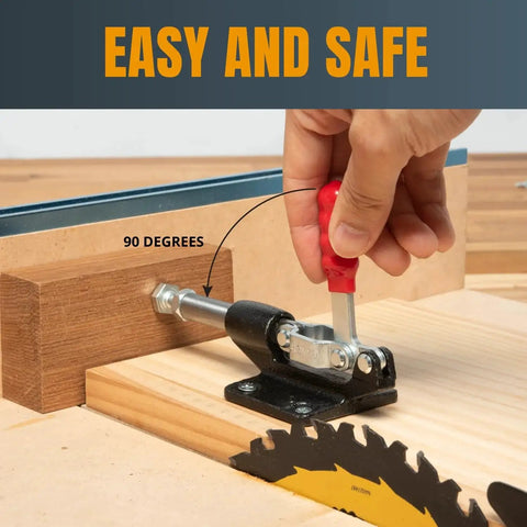 Hand using Two Pack Quick Release Push Pull Toggle Clamp Set With 500 Lbs Holding Capacity on a woodworking jig