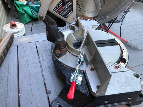 Quick release cam clamp installed on saw, SKYCY Beefed Up 10 Pack Hold Down Toggle Clamps For Woodworking And CNC Workholding