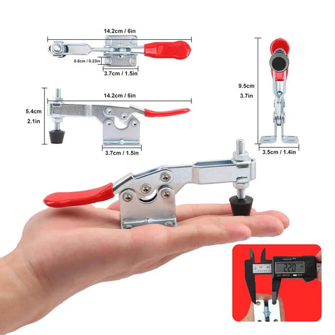 Pro Grade Quick Release Toggle Clamps 225D Set 15 Pack With 500lbs Holding Capacity displayed in hand with size dimensions