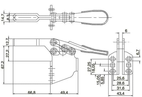 Technical drawing of Heavy Duty Toggle Clamp Set Three Piece 500 Lb Holding Capacity Quick Release Horizontal Clamp with dimensions.