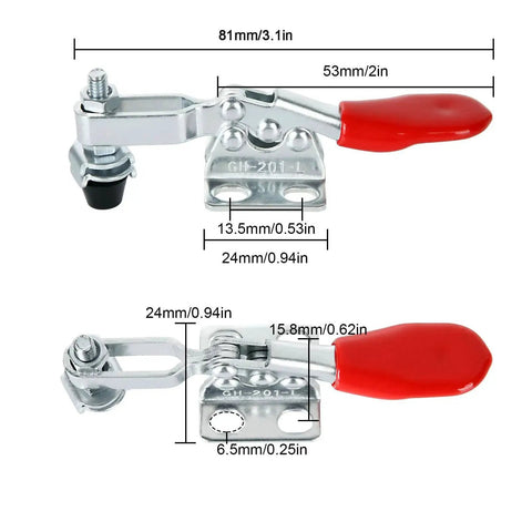 16 Pack Toggle Clamps Set For Woodworking And DIY Projects, 60 Lb Holding Capacity, Small Clamps with dimensions and red handle