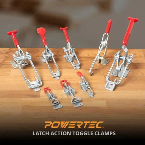 Four Pack Toggle Clamps With 220 Lb Holding Power And 4001 Adjustable Pull Action Latch on wooden surface