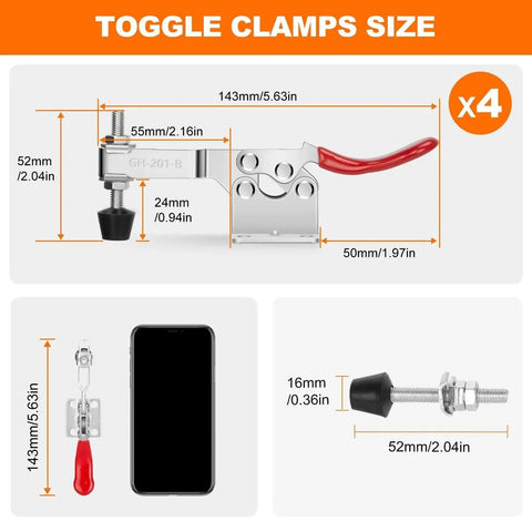 Diagram showing dimensions of Four Pack Toggle Clamps For Woodworking And Metalworking Heavy Duty Quick Release Hold Down Clamps.