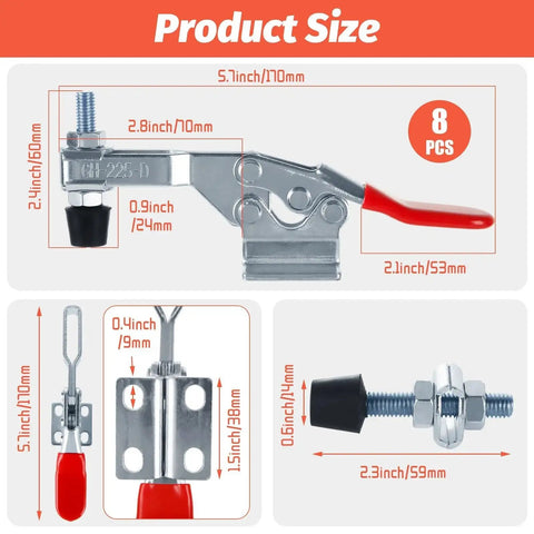 8 Pack Toggle Clamps With 500 Lb Holding Capacity And 225D Quick Release, detailed product size dimensions diagram
