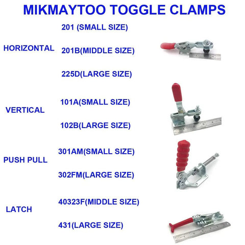 Small Quick Release Horizontal Toggle Clamp 60 Lbs 27 Kg 8 Pack GH 201 Red Non Slip Clamp Tool Kit options shown in catalog with sizes.