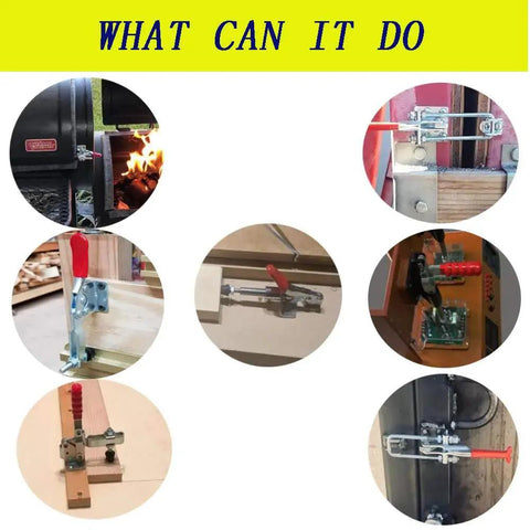 Six Pack Toggle Clamps GH301AM in various wood and metal applications, showcasing mounting versatility with anti-slip grip and quick release.