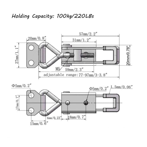 Technical diagram of 2 Pack Toggle Latch Clamp 4001 Adjustable 304 Stainless Steel Pull Hasp Latches Quick Release Hand Tool