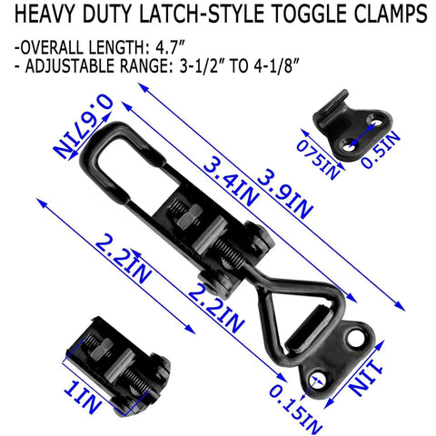 Heavy duty toggle latch clamp with rust resistant carbon steel, adjustable pull action and 360lb capacity, measurements shown