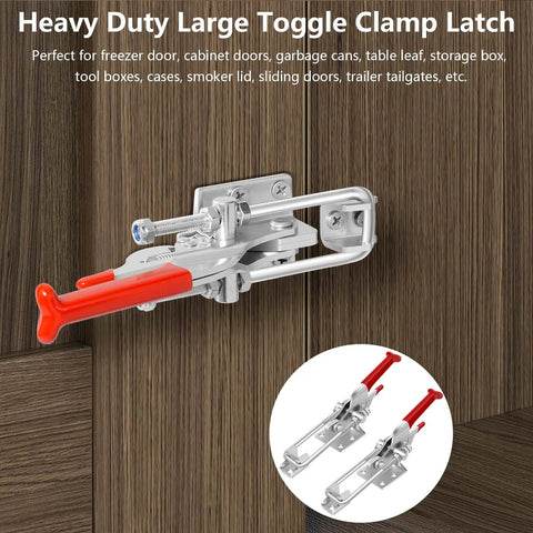 Heavy Duty Toggle Latch Clamp Set With 2000 Lbs Holding Capacity installed on a wooden surface with red handle