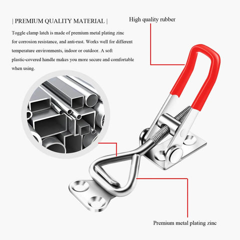 Close-up of Six Pack Adjustable Toggle Latch Clamp 4001 Heavy Duty 330 Lbs Holding Capacity showing zinc and red rubber handle