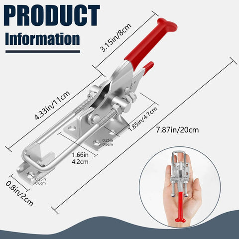 Heavy Duty Toggle Latch Clamp Set With 2000 Lbs Holding Capacity showing dimensions and handheld size comparison