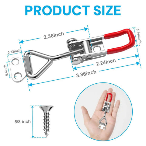 Heavy duty toggle latch clamp with product dimensions for secure, adjustable quick release locking, showing screw and handheld size.