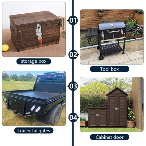 Heavy Duty Toggle Latch Clamp Set With 2000 Lbs Holding Capacity shown on storage box, smoker lid, trailer tailgate, cabinet door.