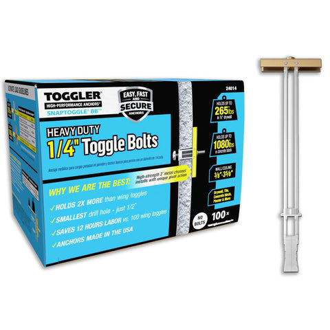 TOGGLER SNAPTOGGLE BB Toggle Anchors, Zinc Plated Steel Channel, 100 Pack box and individual anchor on white background