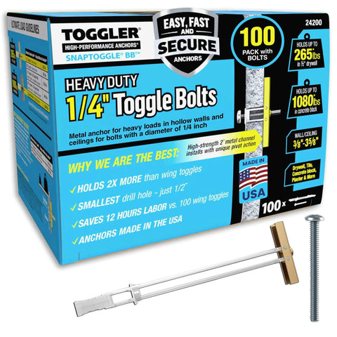 TOGGLER SNAPTOGGLE Drywall Anchors 100 Pack, 1/4 Inch Toggle Bolts with 2.5 Inch Bolts Included, Zinc Plated Steel Box