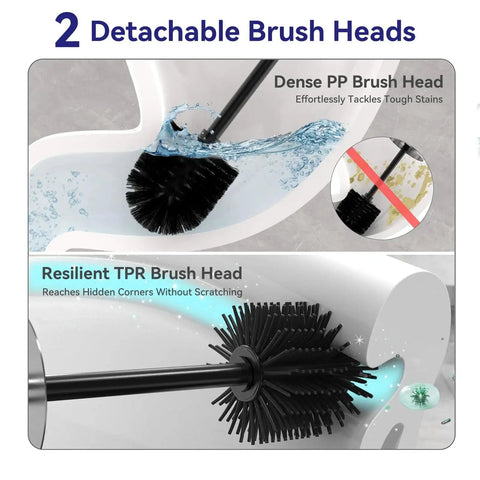 Stainless Steel Freestanding Toilet Brush And Holder With Long Handle For No Fuss Bathroom Storage And Deep Cleaning Nickel Brushed SS304 Durable Toilet Cleaner Set With Dual Brush Heads Included, showcasing detachable dense PP and resilient TPR brush heads.
