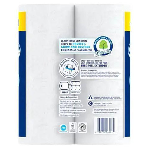 Back view of Ultra Soft Toilet Paper Mega Roll Pack With Six Mega Rolls Equaling 24 Regular Rolls, showing packaging details and eco-friendly info.