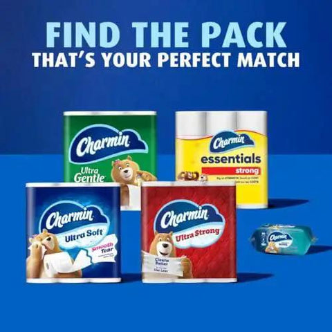 Various Charmin toilet paper packs including Ultra Soft, Ultra Strong, and Essentials against a blue background with slogan "Find the Pack."