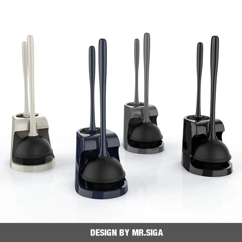 Space Saving Toilet Plunger And Bowl Brush Combo In Gray With Durable Two Compartment Holder for easy bathroom cleaning and neat tidy storage.