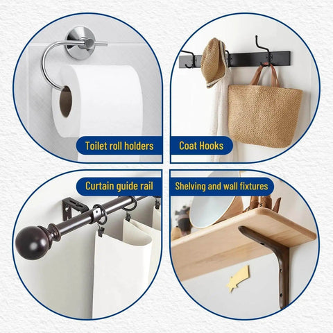 Visual guide showing uses of Drywall Anchor Repair Kit For Quick Fixes No Drilling Needed With Patch And Cut Ready 1.96 Ft By 39.37 In Easy Cut For Loose Anchors And Hole Repair On Most Surfaces All In One Kit For Fast Permanent Fix Kenbry