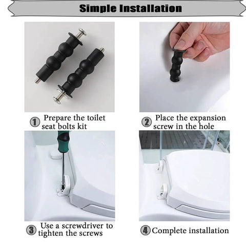 Installation steps for Toilet Seat Bolts And Screws Kit, 4 Pieces, showing bolts, inserting expanded rubber nut anchors, securing seat.