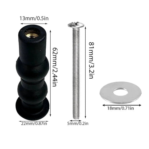 Toilet Seat Bolts And Screws Kit, 4 Pieces, extra-long stainless steel fasteners and rubber nut anchors with dimensions shown