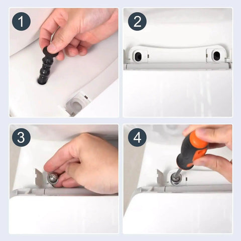 Top Mount Toilet Seat Hardware Kit for Skirted Toilets Easy Install Nut and Bolt Set assembly process with expandable rubber plug.