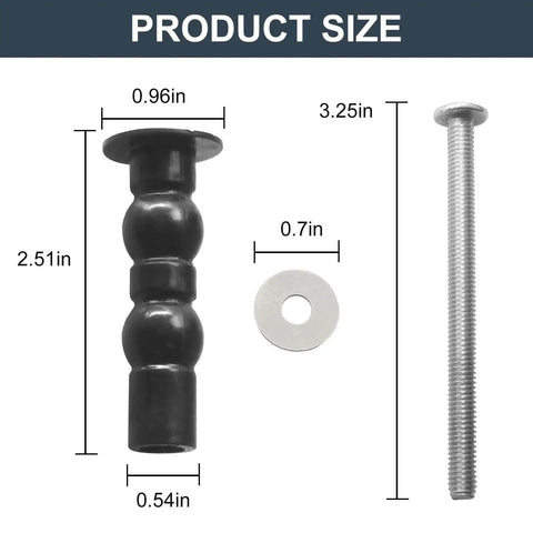 Top Mount Toilet Seat Hardware Kit For Skirted Toilets Easy Install Nut And Bolt Set With Expandable Rubber Plug, dimensions shown