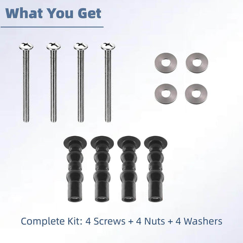 Universal Toilet Seat Screws Replacement Kit For Top Mount Seats With No Fuss Easy Install Expanding Rubber Bolts And Stainless Steel Hardware Fits Toto Kohler American Standard And Most Brands 4 Pack, includes 4 screws, 4 rubber nuts, 4 washers.