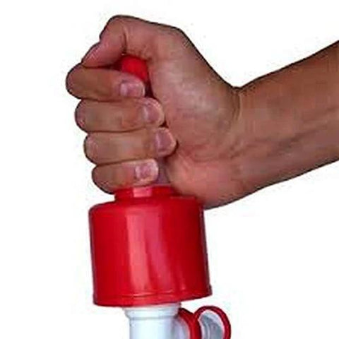 Close-up of hand operating Tolco 160116 Value Siphon Drum Pump Individual Box, 49.25" Height, 43.75" Width, Red/White.