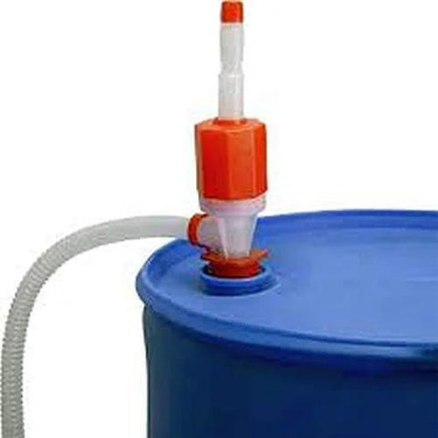 Tolco 160116 Value Siphon Drum Pump Individual Box, 49.25" Height, 43.75" Width, Red/White on a blue drum