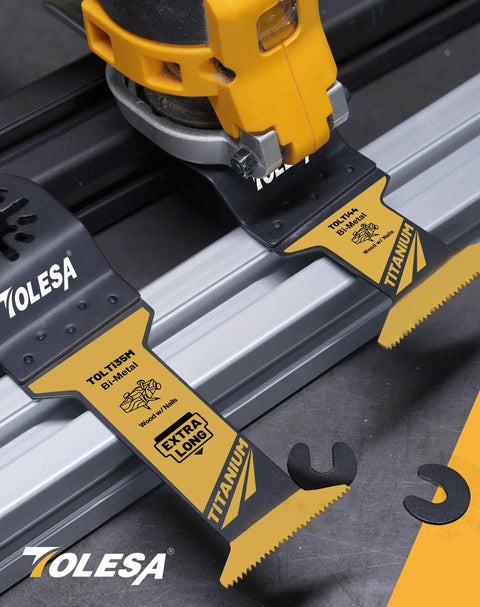 TOLESA 16pcs Extra-Long Titanium Oscillating Saw Blades set on a metal surface, highlighting durable construction for metal, wood, plastic.