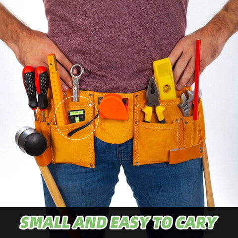 Person wearing a tool belt with various tools including a level. Text overlay reads 'Small and Easy to Carry.'