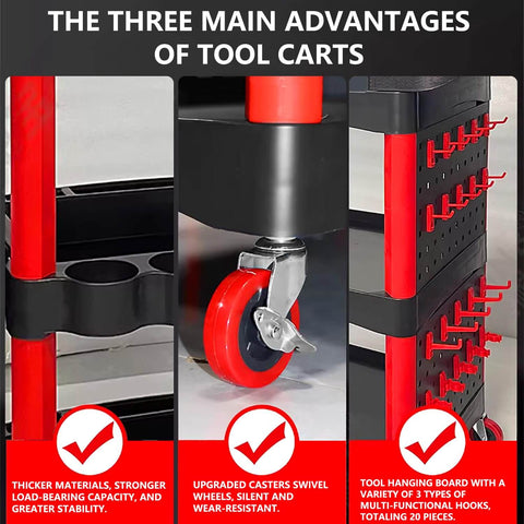 Auto Detailing Cart On Wheels Three Tier Rolling Detail Organizer showing thick materials, swivel casters, and tool hooks