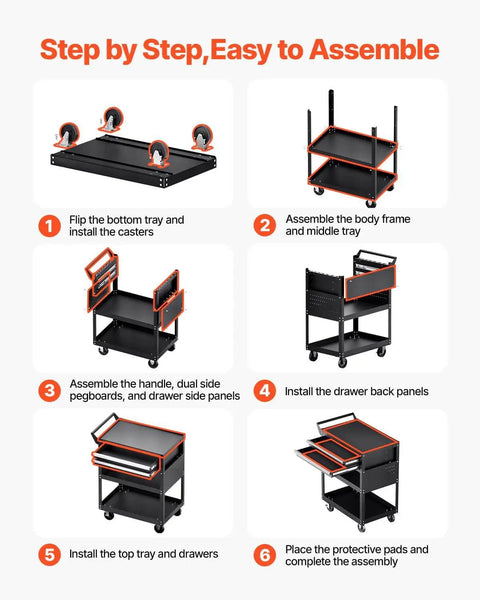 Assembly steps for Heavy Duty 5 Tier Rolling Tool Cart With 400 Lb Capacity, Locking Drawers, Pegboard Side Panels, And Smooth Glide Drawers